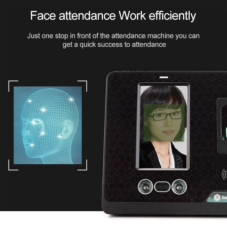 Black face attendance machine with color screen showing a face image and fingerprint area