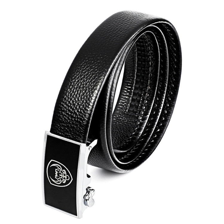 Black leather belt with silver buckle frame and black plate