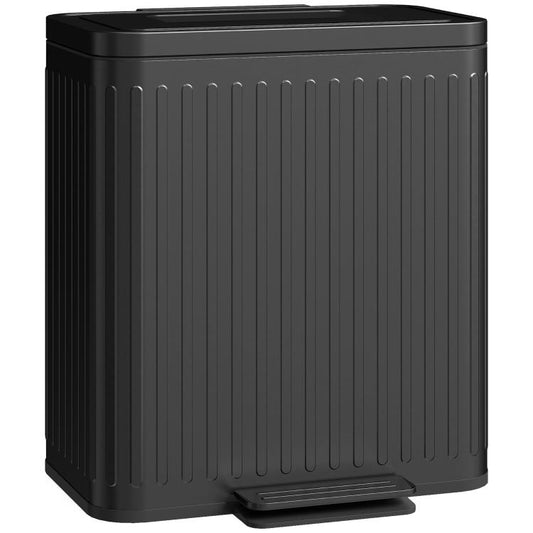Black step-on trash can with lid, ribbed sides, and front foot pedal