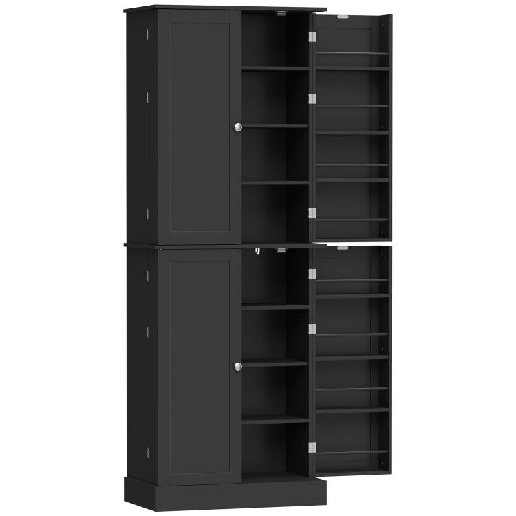 Black pantry cabinet with cabinet doors open, showing multiple interior shelving sections