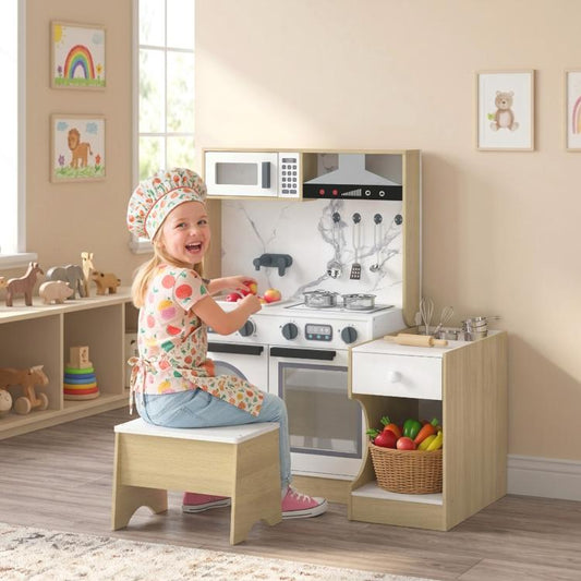 Kids play kitchen set with matching stool, sink, stove, and side cabinet storage