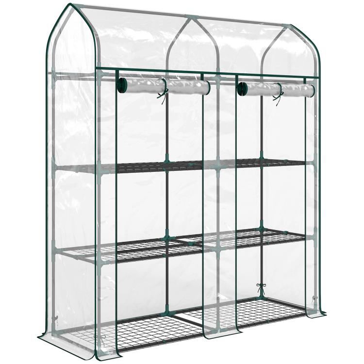 3-tier mini greenhouse with clear cover, metal tube frame and tiered shelves