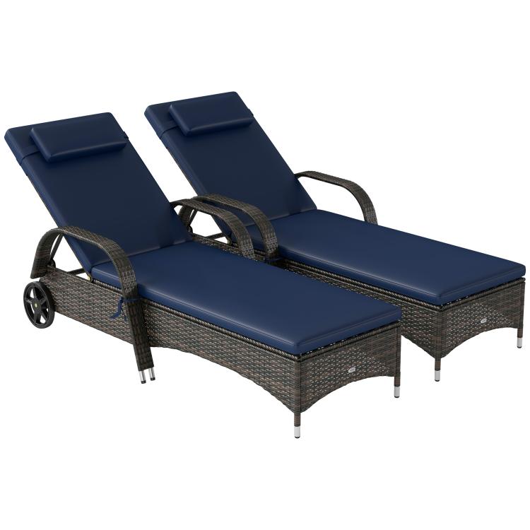 Set of 2 reclining chaise lounge chairs with dark blue cushions, armrests, and wheels