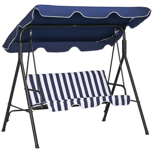 Dark blue 3-seat patio swing chair with striped seat cushion and adjustable canopy