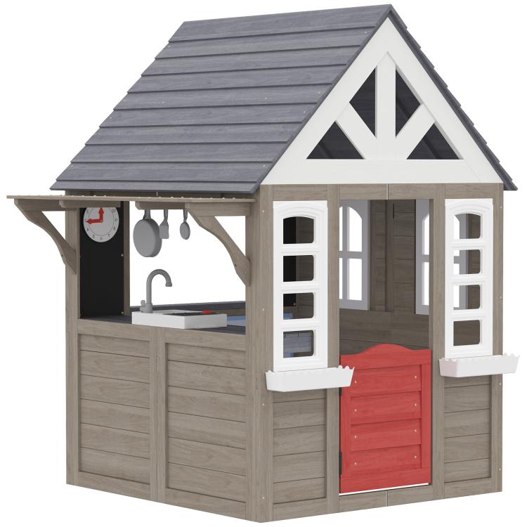 Gray wooden kids playhouse with white trim, red door, and multi-pane windows