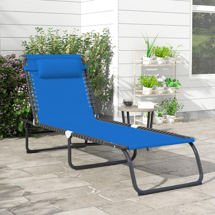 Blue folding chaise lounge pool chair with cushioned back and reclining mesh