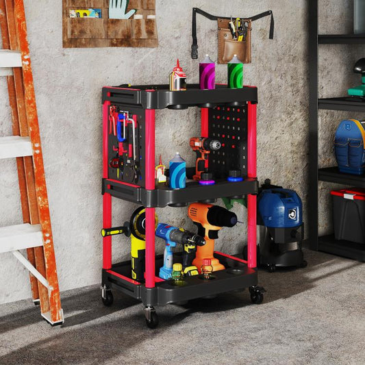 Red and black 3-tier tool cart with pegboard sides, shelves, and wheels in a garage setting.