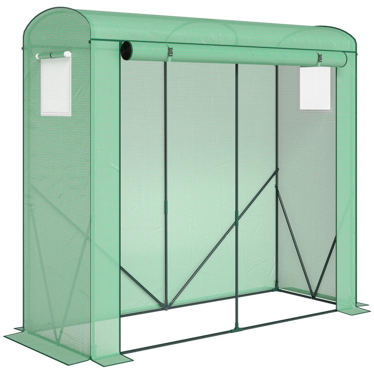 Green portable mini greenhouse frame with roll-up door and two mesh windows, PE cover