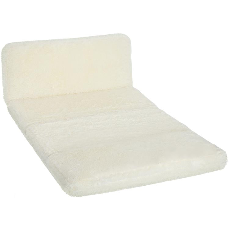 Cream plush folding floor mattress sofa, low back and wide reclining surface