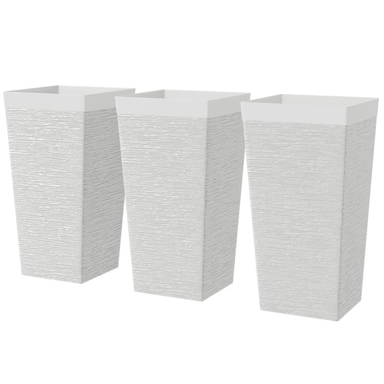Three white stone-finish tapered outdoor planters with square tops, stackable set