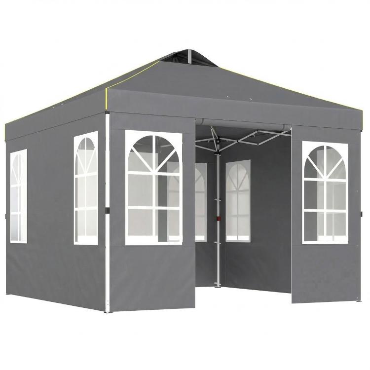 Dark gray pop-up canopy tent with sidewalls and window panels