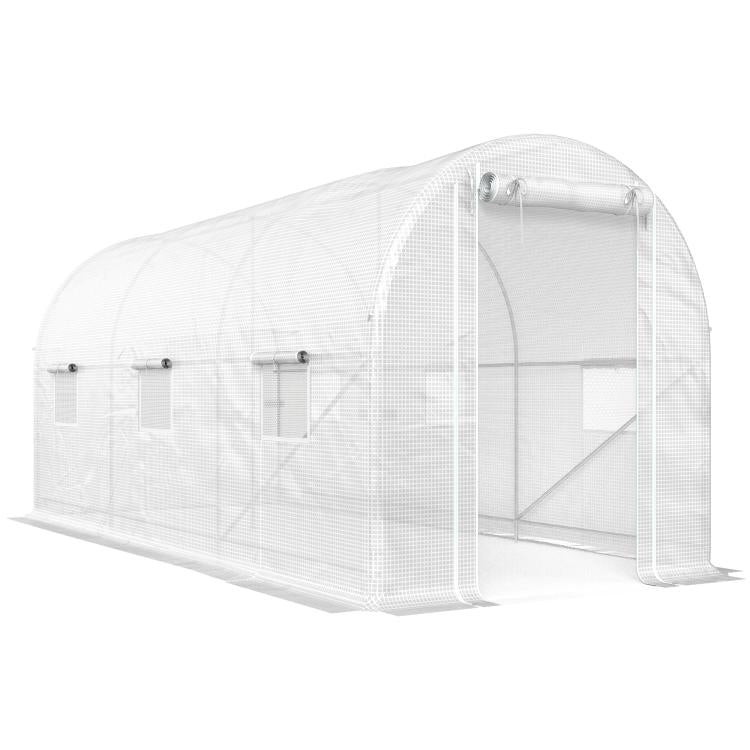 White tunnel greenhouse with arched metal frame and zippered roll-up mesh door