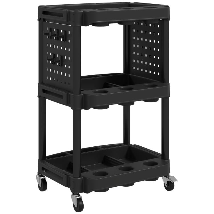 Black plastic 3-tier utility cart on wheels with side pegboard panels