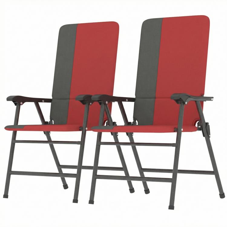 Pair of folding lawn chairs, padded high backs with armrests, red seat fabric