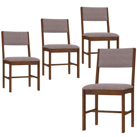 Set of dining chairs with taupe fabric seats and brown wood frames, four-piece view