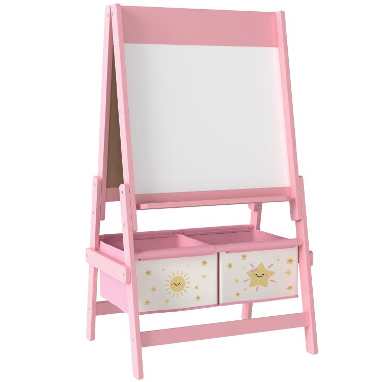 Pink kids art easel with blank whiteboard, lower storage bins with sun and star prints