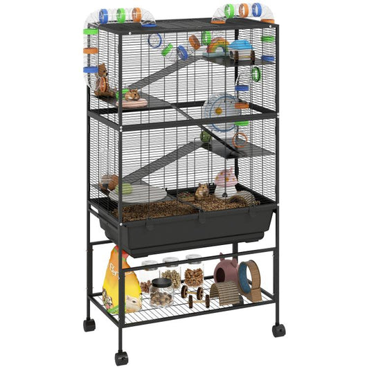 5-tier wire pet cage with deep tray, ramps, and tube-style toy system