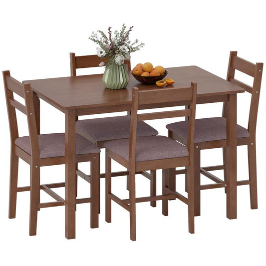 Light brown wood dining table set with four upholstered chairs, square tabletop