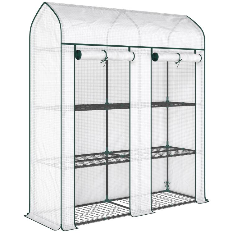 3-tier mini greenhouse with white frame, clear mesh panels, and two roll-up doors