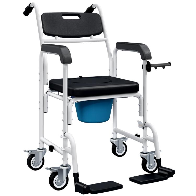 Black shower wheelchair with commode seat, backrest, armrests, and locking wheels