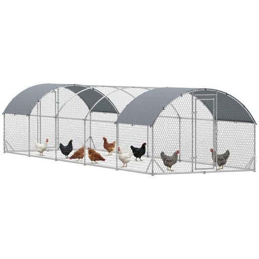 Outdoor metal chicken coop with arched wire mesh and dark roof cover