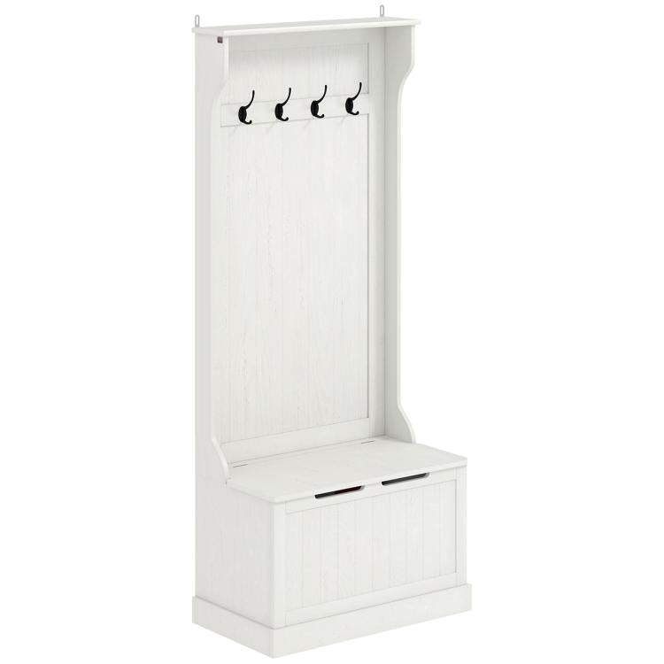 Cream white hall tree with coat hooks and lower bench storage cabinet