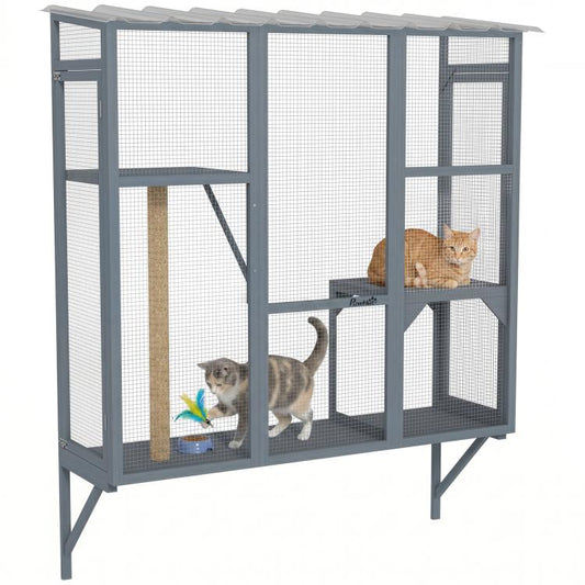 Gray window catio enclosure with mesh panels, scratching post, and jumping platforms
