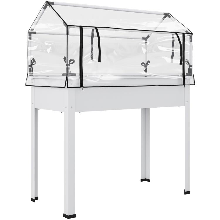 White raised garden bed with transparent greenhouse cover and side doors