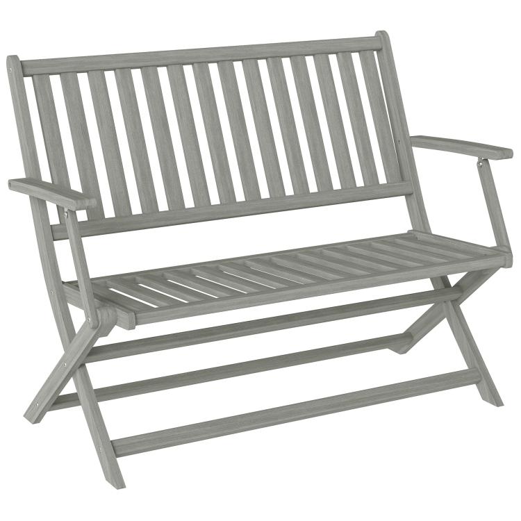 Gray foldable 2-person bench with slatted seat, backrest, and armrests