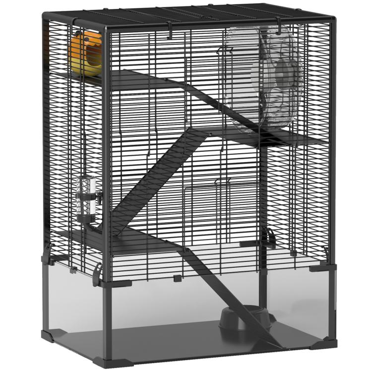 4-tier hamster cage with wire enclosure, dark wheel and ramps, deep base