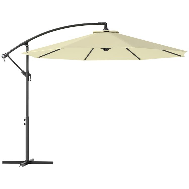 Beige cantilever patio umbrella with tilt arm, black pole, and cross base