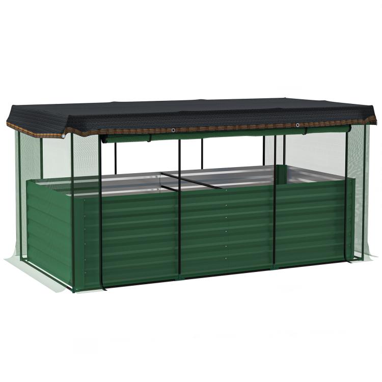 Green raised garden bed with black crop cage and dark shade cloth cover