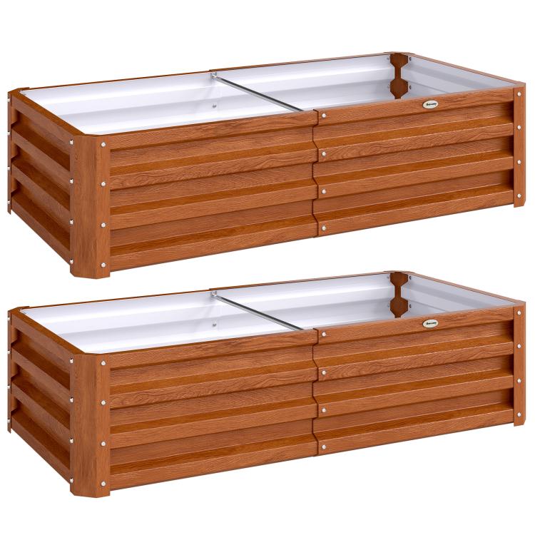 Brown raised garden bed planter box with white interior lining and hinged braces