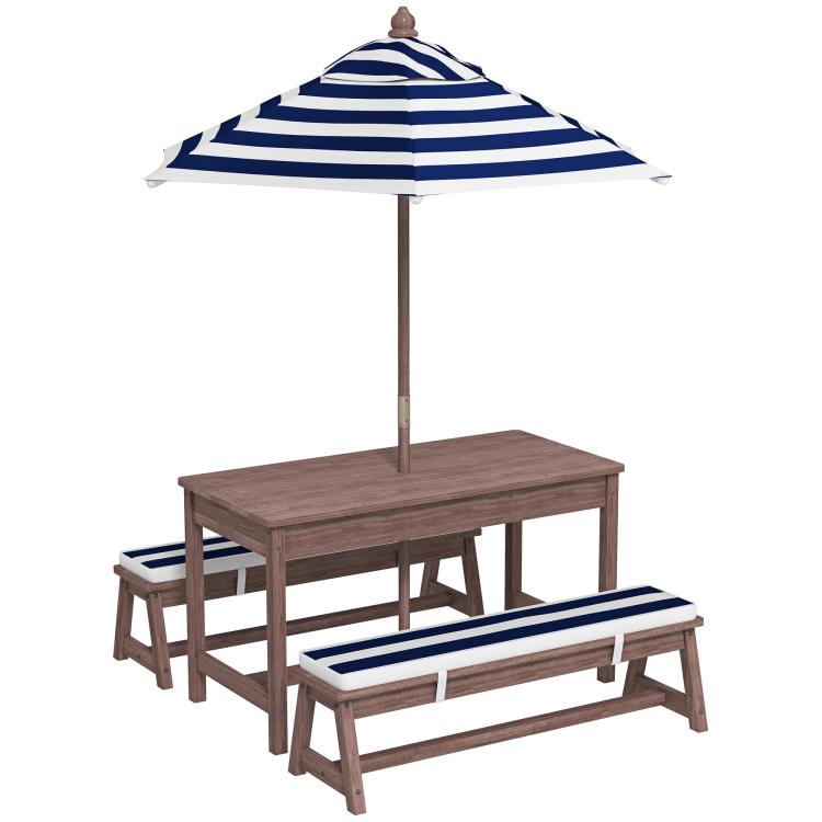 Kids picnic table set with navy-and-white striped umbrella, bench, and cushions