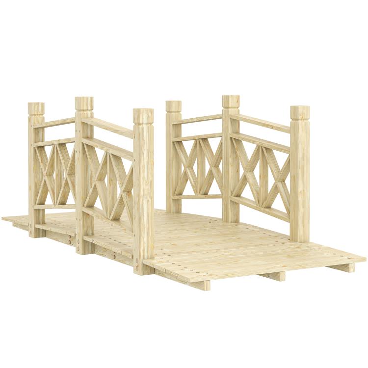 Light wood footbridge with woven cross-brace panels and flat slatted deck