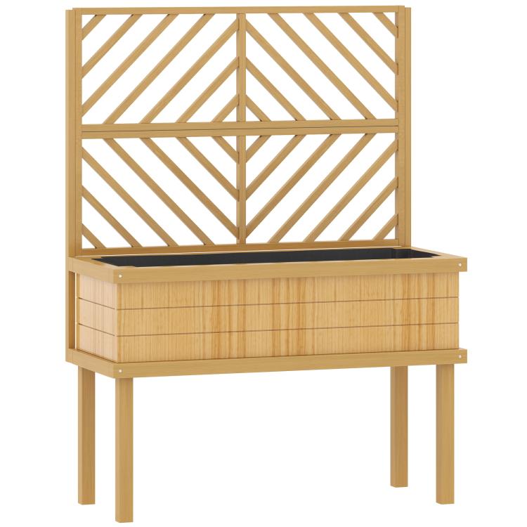 Natural wood raised planter with built-in trellis panels and four legs