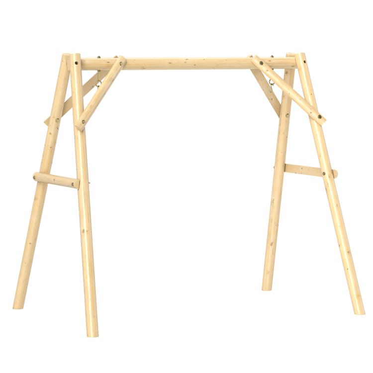 Wooden A-frame swing chair stand with side braces and top hanging beam