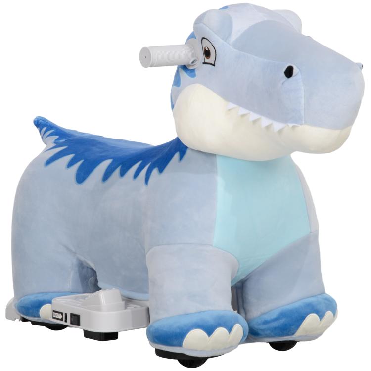 Blue plush electric ride-on dinosaur toy with steering bar and wheels