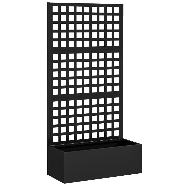 Black raised planter box with tall lattice trellis, no plants