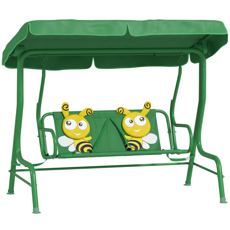 Dark green kids swing chair with adjustable canopy and bug-themed bench seat