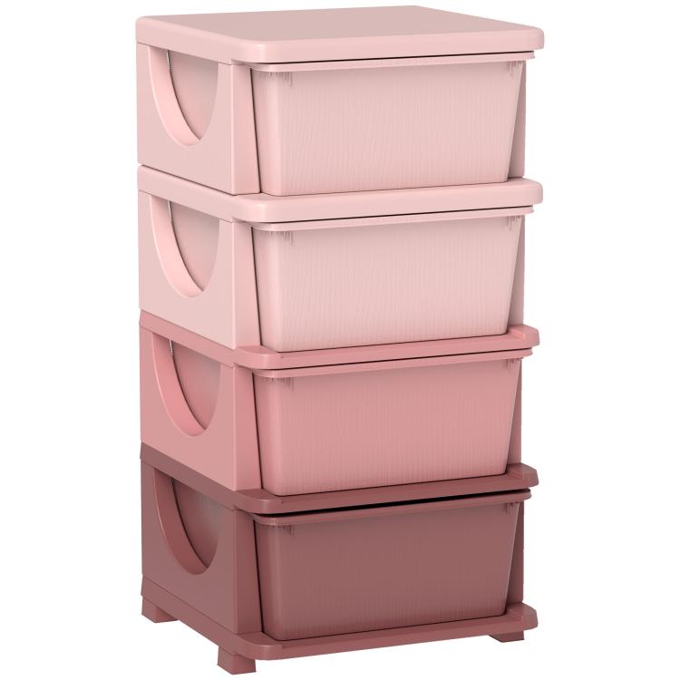 Pink 4-drawer kids storage dresser tower with stacked fabric bins and curved pull handles