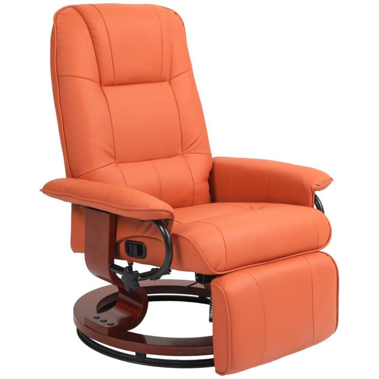 Orange leather swivel recliner with padded armrests, footrest, and manual control