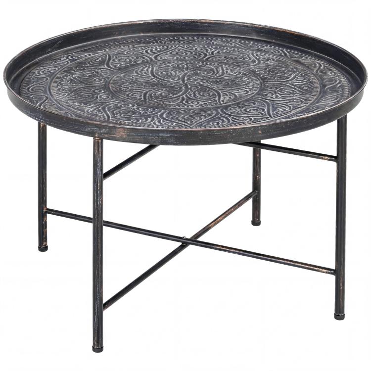 Round coffee table top with hammered design and dark metal X-frame legs