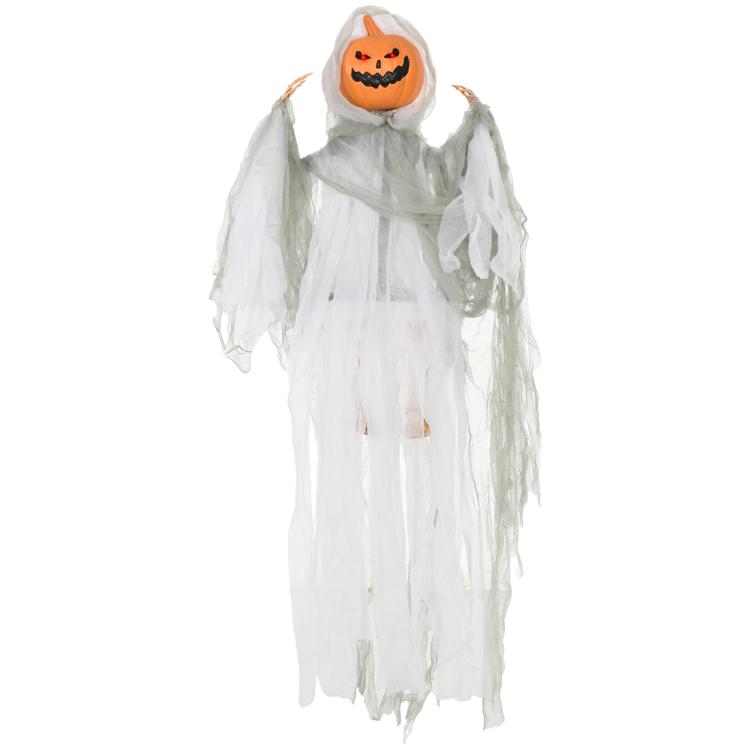 Halloween hanging ghost prop with jack-o'-lantern pumpkin face and tattered white fabric