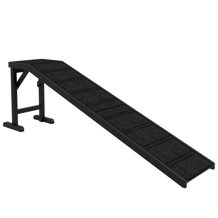 Black dog ramp with long non-slip carpet tread and foldable legs