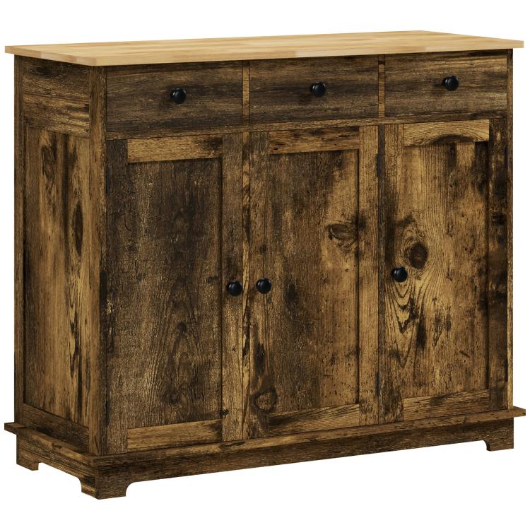 Brown wooden sideboard with solid top, two doors and three black knob drawers