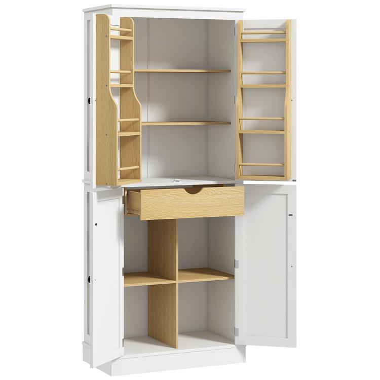Tall kitchen pantry storage cabinet, white with open shelves, side spice racks, and drawer