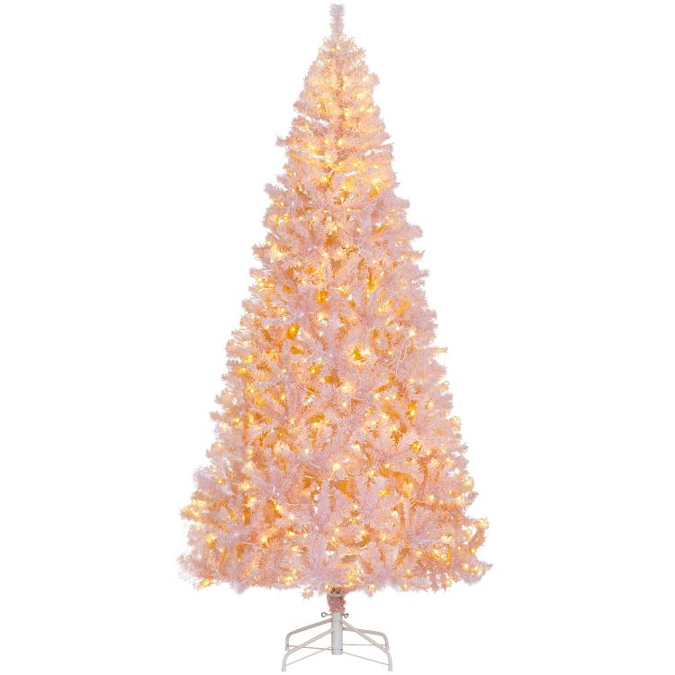 Tall pink prelit artificial Christmas tree with warm white LED lights and metal stand