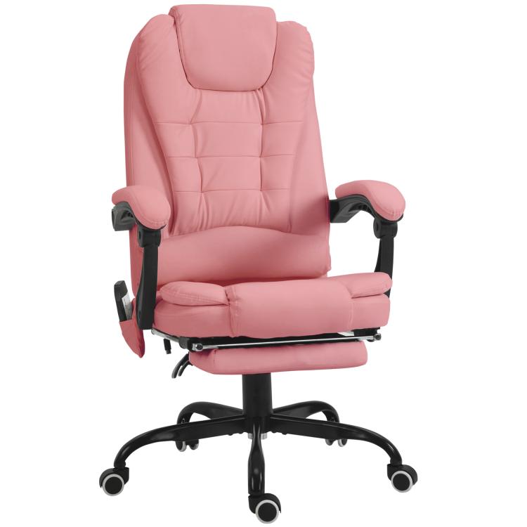 Pink high-back massage office chair with cushioned seat, armrests, rolling base