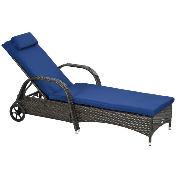 Reclining outdoor chaise lounge chair with blue cushion, pillow, and rolling wheels
